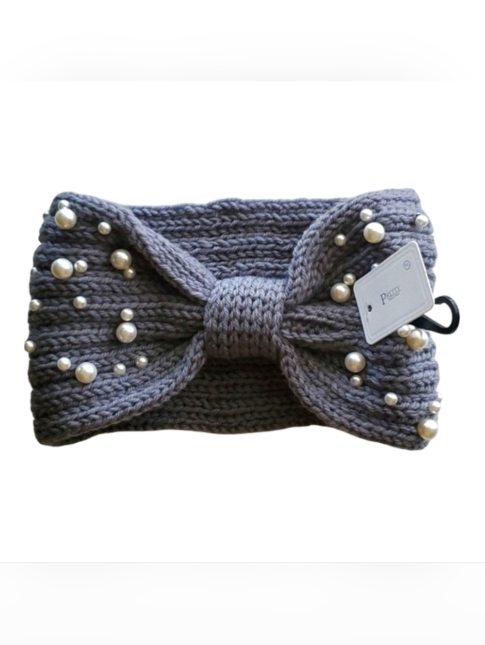 Bow Shaped Winter Knit Headband with Faux Pearls